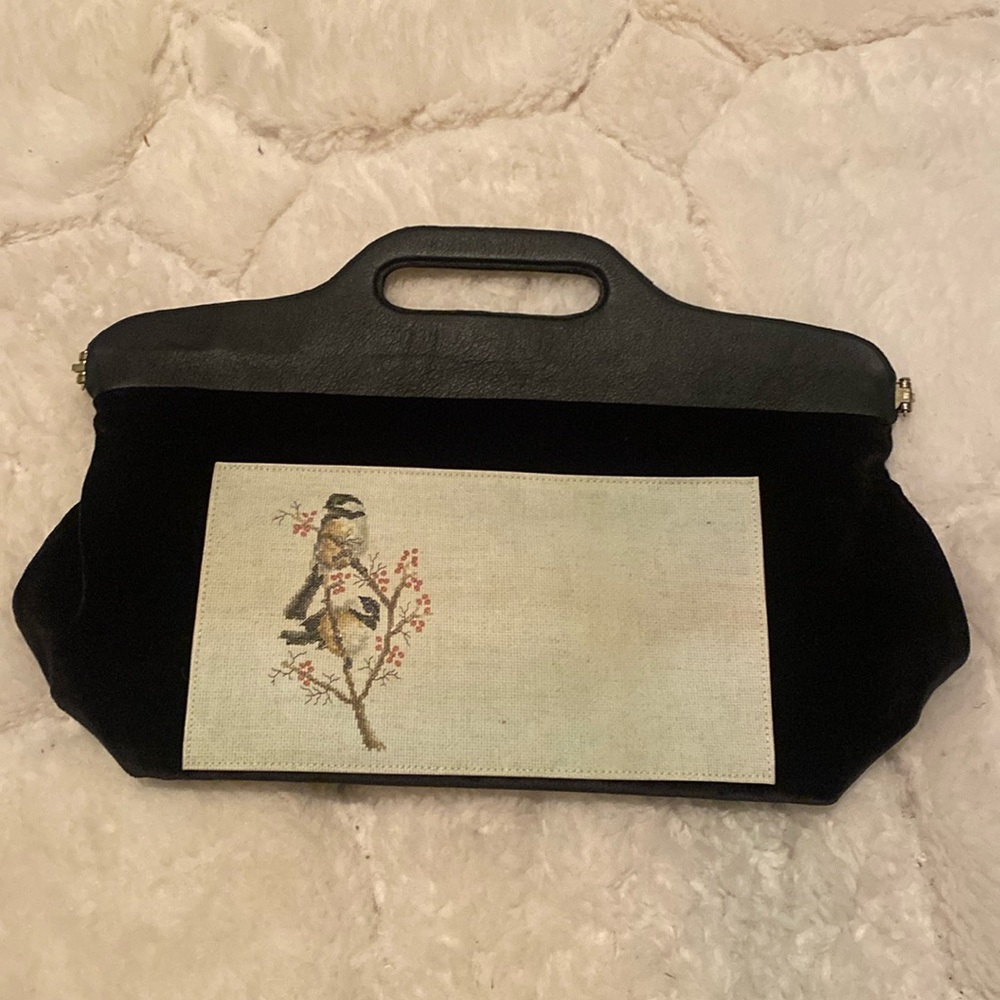 Velvet handbag with painted bird